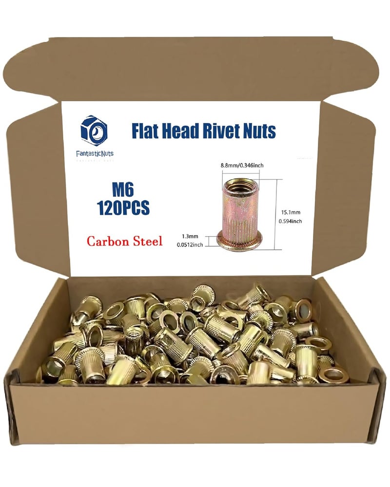 ELEFOCUS 120PCS M6 x 1.0 Rivet Nuts, Made of Carbon Steel with a zinc-Plated Finish, Featuring a Flat Head and Threaded Insert knurled Nutsert Kit - Image 1